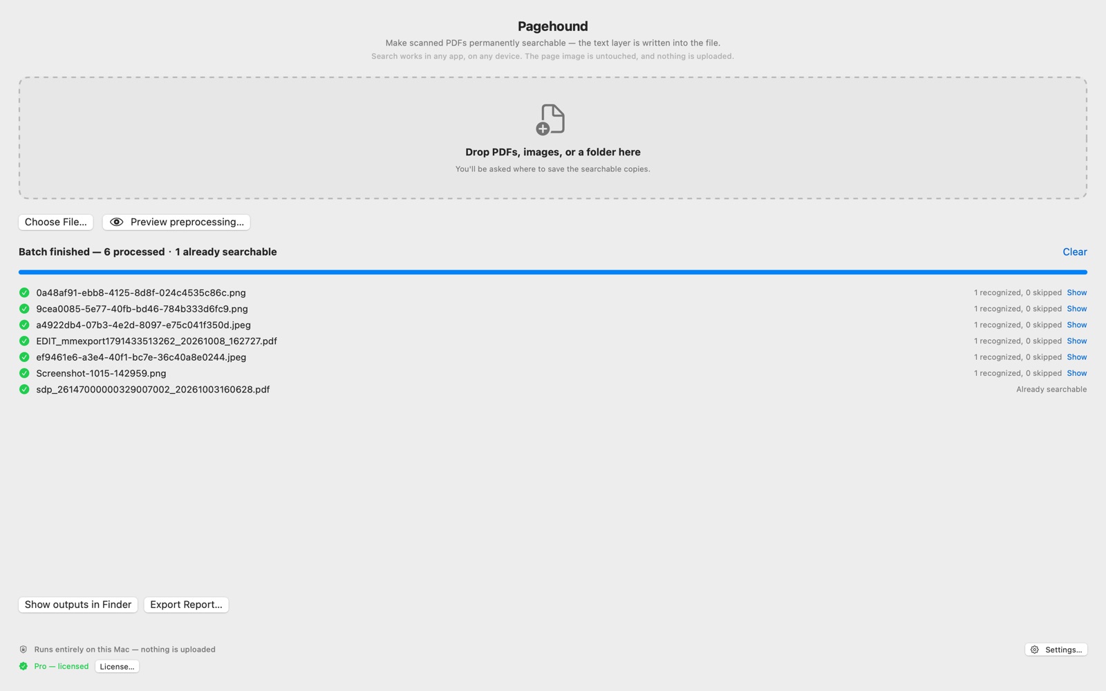 Pagehound finishing a batch of seven mixed files: six processed, one already searchable and skipped