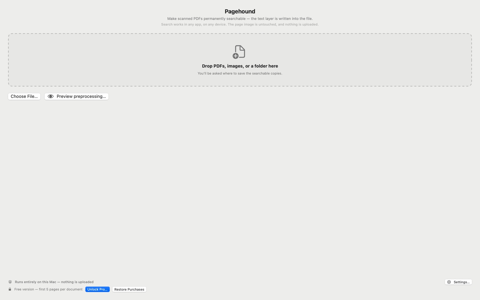 Pagehound main window with a drop zone accepting PDFs, images, or a folder, and a free-version status bar
