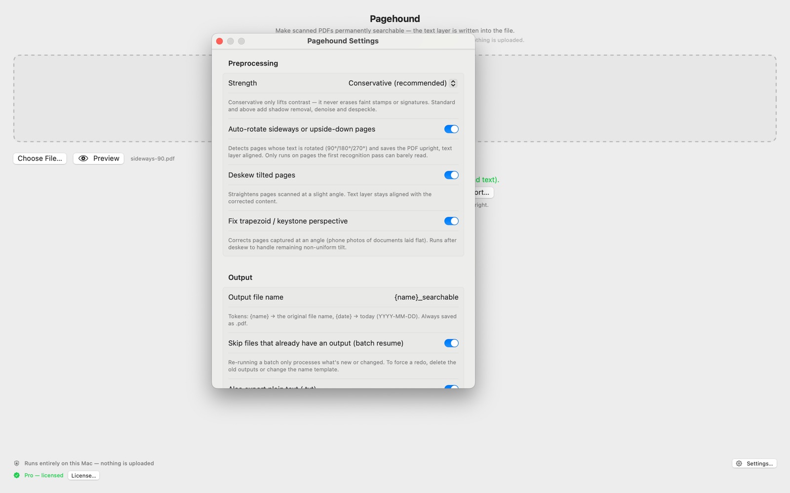 Pagehound settings showing preprocessing strength, auto-rotate, deskew, and perspective correction toggles