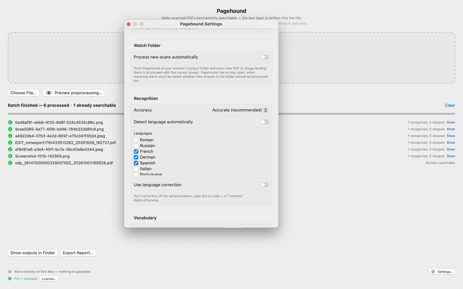 Pagehound settings showing the watch folder option and a multi-language recognition list with French, German, and Spanish selected