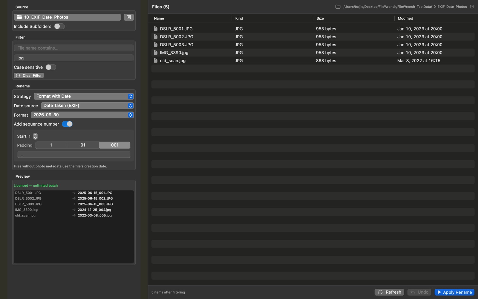 Renamely renaming camera photos by EXIF date taken into names like 2025-06-15_001.JPG, with padding and sequence options