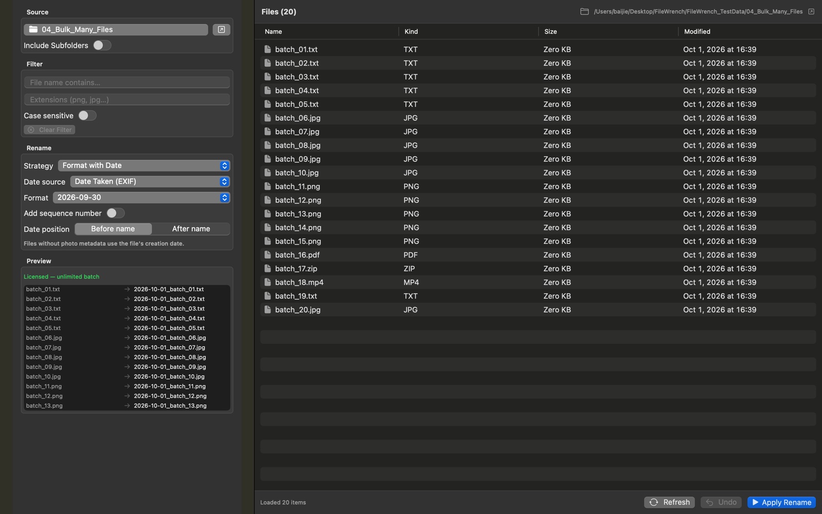 Prefixing 20 files with their creation date using Format with Date, adding 2026-10-01 before each original name